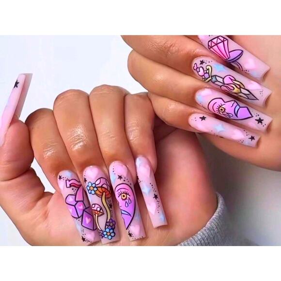 New Long Square Pink Purple‎ Mushroom Hippie Design Matte Glue On Press Nails - Picture 1 of 2